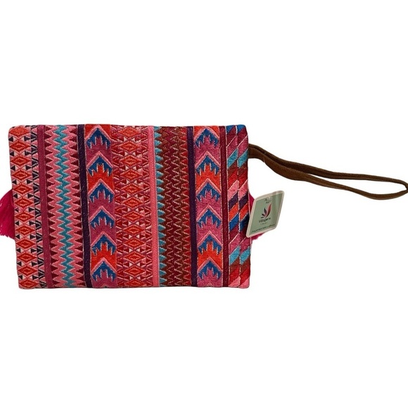 Ethnic Boho Large Clutch Suede Wristlet Bag Handmade Embroidery Tassels Indi NEW